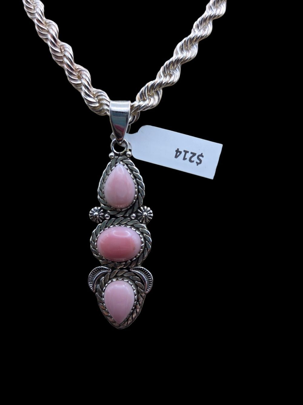 Sterling Silver Pink Conch Shell Three Stone Pendant Southwestern 2.5"